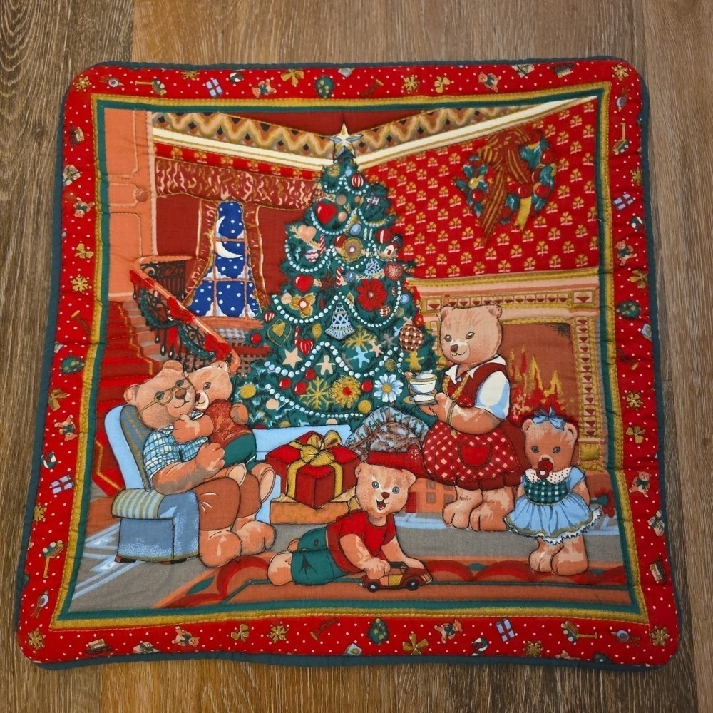 IKEA Christmas Teddy Bear Quilted Throw Pillow Cover‎ 15x15 Red Winter Holiday